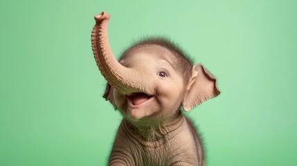 Fototapeta premium Elephant concept. Adorable Baby Elephant with Playful Expression Against Soft Green Background in Bright and Cheerful Mood