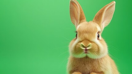 Fototapeta premium Rabbit concept. Cute fluffy rabbit with big ears and expressive eyes sitting on a vibrant green background in a studio setting