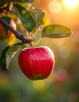 Close-up of a single red apple hanging from a tree, bathed in sunlight