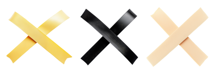Set of three adhesive tape crosses in yellow, black and beige colors isolated on transparent background