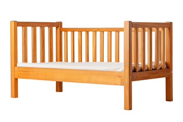 Natural wood baby crib with slatted sides and safety rails, isolated on transparent background