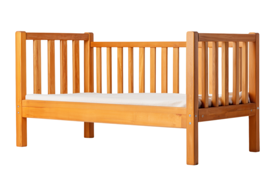 Natural wood baby crib with slatted sides and safety rails, isolated on transparent background