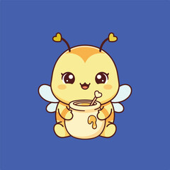 A charming kawaii-style bee with heart-shaped antennae holds a honey pot with a heart-topped dipper against a solid blue backdrop.