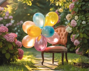 A Gathering of Festive Balloons Adorning a Vintage Armchair in a Lush Garden Oasis
