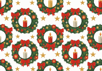 Christmas Wreaths with Candles and Stars Seamless Pattern.