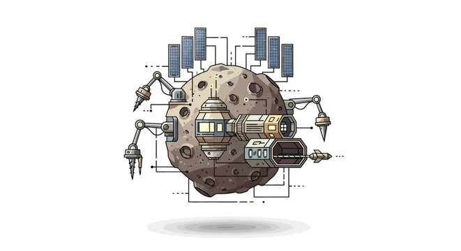 Cartoonish futuristic lunar base illustration showcasing space exploration and resource gathering