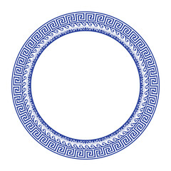 Round frame with Greek ornament. Circle porcelain plate with arabesques, floral ornament. Greek key, floral meander. Patterns of Greece, ancient Rome. For textile, embroidery, porcelain, laser cutting
