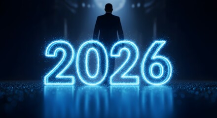 Futuristic 2026 with a silhouette figure in a dark, blue-toned scene