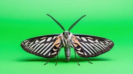 Obraz premium Moth concept. Close-Up Image of Elegant Moth with Black and White Stripes on Vibrant Green Background