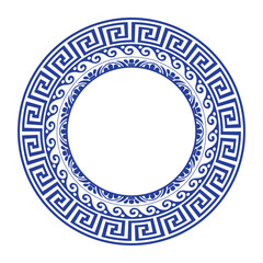 Greek blue round frame. Patterns of Greece and ancient Rome. Greek round frame. Round ornament. Greek meander. Round antique greek border. Typical egyptian, assyrian and greek motives