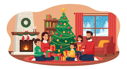 A cheerful family gathered around the christmas tree unwrapping gifts sharing joy together indoors