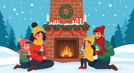 A cozy family scene by the fireplace during the festive winter season with snow falling