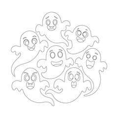 Cute funny ghosts coloring page for kids and Halloween design. Adorable cartoon ghost characters with different emotions. Black and white vector illustration for coloring book or print.