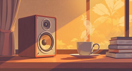 Speaker, Coffee, and Books by Window in Warm Light Still Life