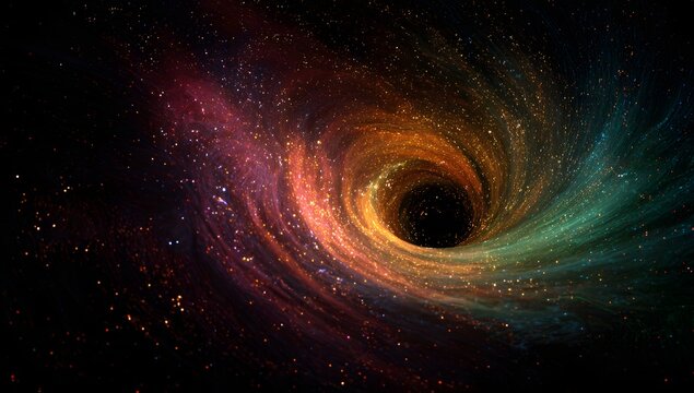 Vibrant cosmic nebula swirling around a mysterious dark void in deep space showcasing celestial gas clouds and distant stars with a sense of awe and wonder