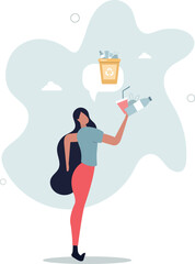 Collect Trash, Holding Plastic Packs and Bottles Stand near Recycling Litter Bin.life and employment of people.