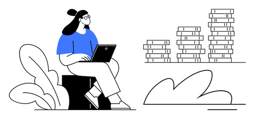 Woman sitting with laptop near tall stacks of books and abstract plants. Ideal for education, study, learning, knowledge, work, remote work, personal growth. Clean and simple flat metaphor