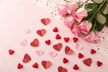 Pink Roses and Red Paper Hearts on Soft Background, Valentine’s Day Flat Lay
