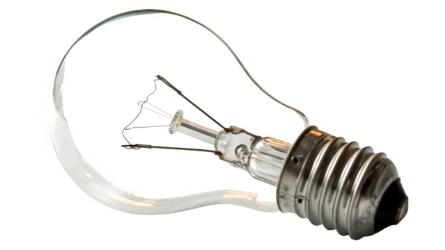 close-up view features a light bulb, highlighting its glass structure, metal base isolated on transparent background