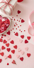 Heart Confetti and Gift Box with Pink Ribbon, Valentine’s Day Decoration