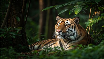Bengal tiger resting in the shade of the jungle in its natural habitat