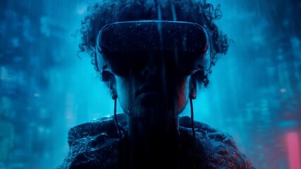 Person wearing virtual reality headset immersed in futuristic environment - Powered by Adobe