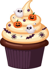 Halloween Cupcake Vector Illustration, Cute Cartoon Muffin with Ghosts, Pumpkins, Bats, Spiders, and Sprinkles