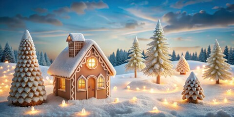 Enchanted Winter Village Scene A Cozy Gingerbread House Nestled Amongst Snow-Covered Trees and Glimmering Lights