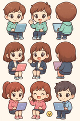 Cartoon characters using laptops in 3x3 grid illustration