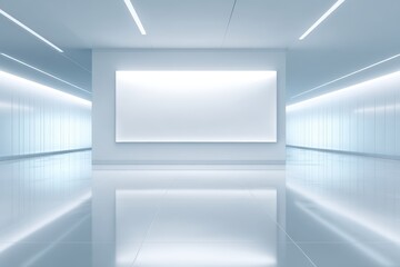 Modern minimalist interior space with glossy white floors and illuminated walls, featuring a large blank display area for creative mock up design applications