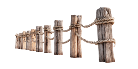Wooden pilings with rope, forming a fence