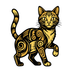 Golden Cat Vector Illustration Black and Gold Ornate Swirl Decoration Design