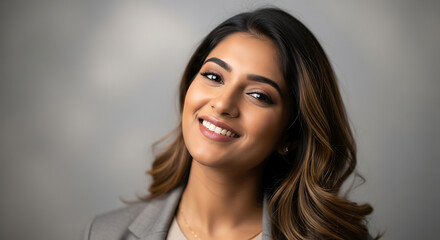 Fototapeta premium Confident Indian businesswoman smiling in smart casual attire isolated on plain background professional headshot for corporate use