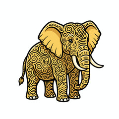 Majestic Elephant with Intricate Golden Swirling Black Line Pattern Detailed Vector Art