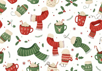 Cozy Winter Holiday Pattern with Mittens Scarves and Hot Drinks.