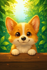 Cute corgi puppy in forest sunlight illustration