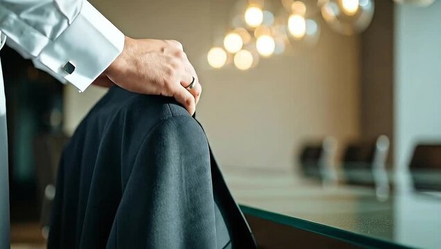 A person's arm with a white shirt and cufflink is holding a dark suit jacket on the shoulder
