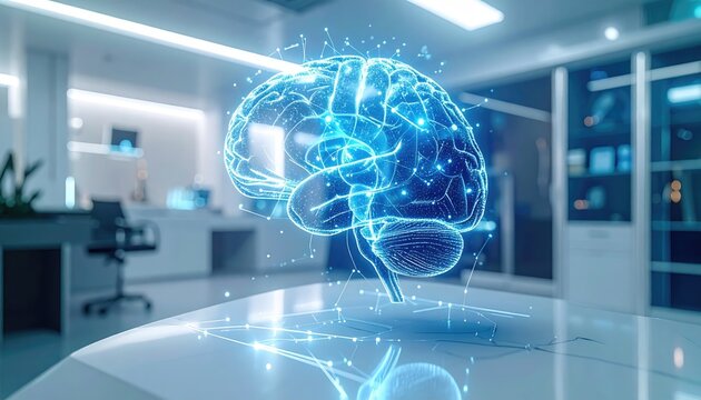 Futuristic Laboratory with Glowing Blue Digital Brain Hologram Displaying Neural Network Connections and Data Particles