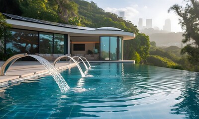 Swimming Pool Waterfall in Modern House Overlooking City