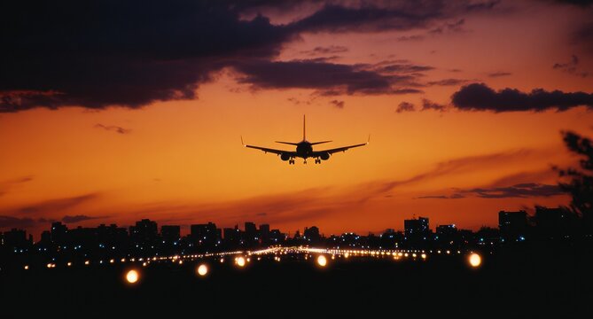 Airplane landing at sunset