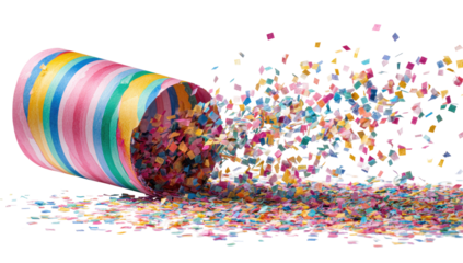 Colorful confetti spilling from a striped container