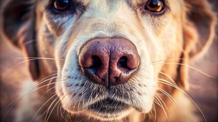 Close-up of a canine's wet nose and whiskers, showcasing the intricate details of its facial features