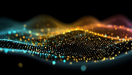 Abstract digital visualization of glowing particles forming dynamic waves and intricate patterns against a dark background representing data flow and technological innovation
