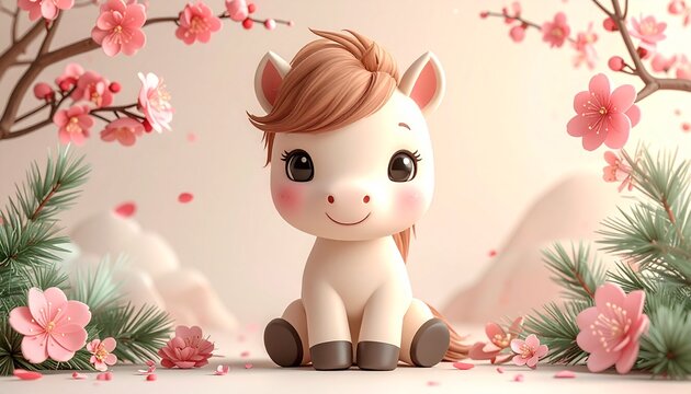 キュートなポニーの3Dレンダリング、子供向けコンテンツや新年のデザイン素材Generated image