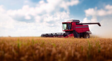 Obraz premium Red combine harvesting crop