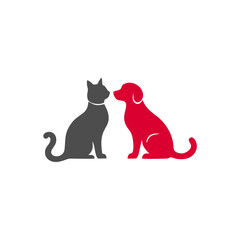 Stylized Gray Cat and Red Dog Silhouettes Facing Each Other