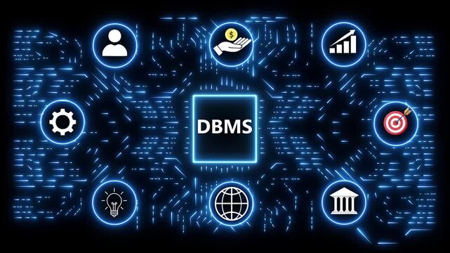 Digital network diagram with DBMS in center and surrounding icons for business and technology DBMS