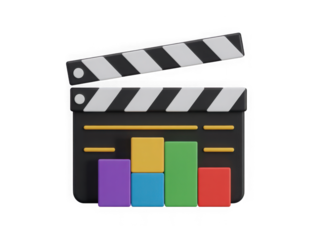 3d illustration of a film clapperboard with colorful bar graph isolated on transparent background