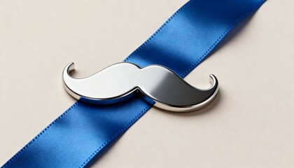 Metal mustache on blue ribbon for men's awareness symbol