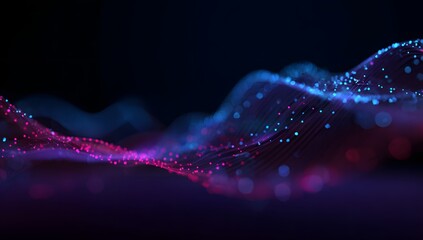 Abstract glowing ethereal fluid wave with shimmering particles in deep cosmic blue and vibrant magenta hues on a dark background